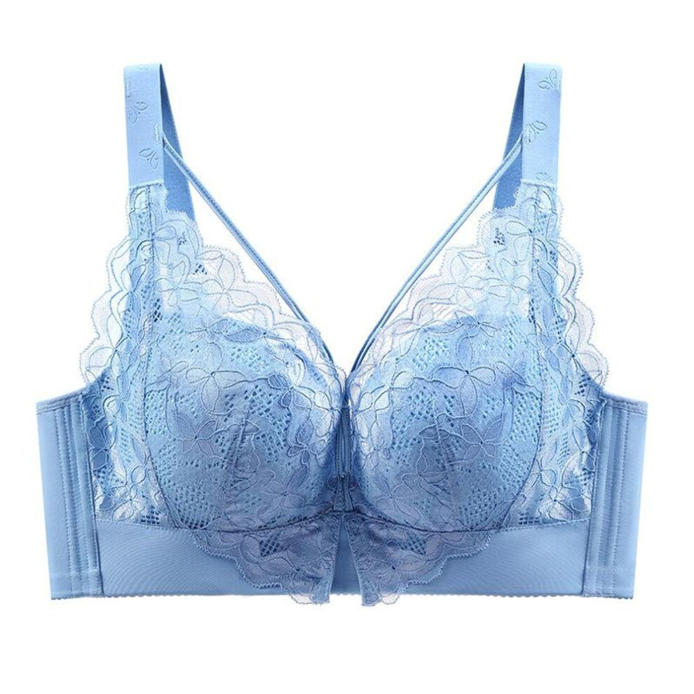 (light blue, 38/85) New Large Size Thin Full Cup Underwear Women's No Steel Ring Gathered Adjustable Bra Sexy Lace Collection Bra