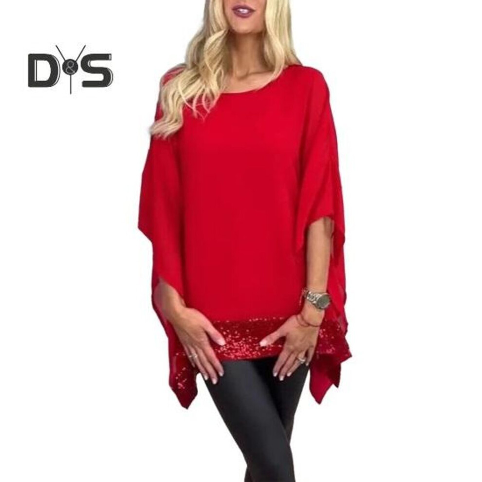 (XXL, red) Women Tops Sequin Hem Irregular Design Loose Shawl Pullover Tops O-neck Batwing Sleeve Baggy Blouse Daily Wear