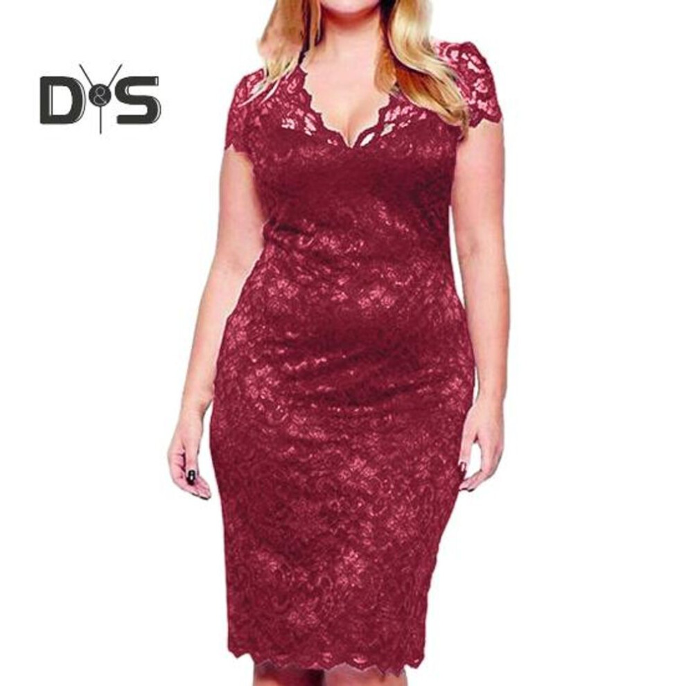 (wine red, 4XL) Summer Women See Through Lace Patchwork Mini Dress V Neck Short Sleeve Slim Fit Plus Size Party Dress Female Clothing