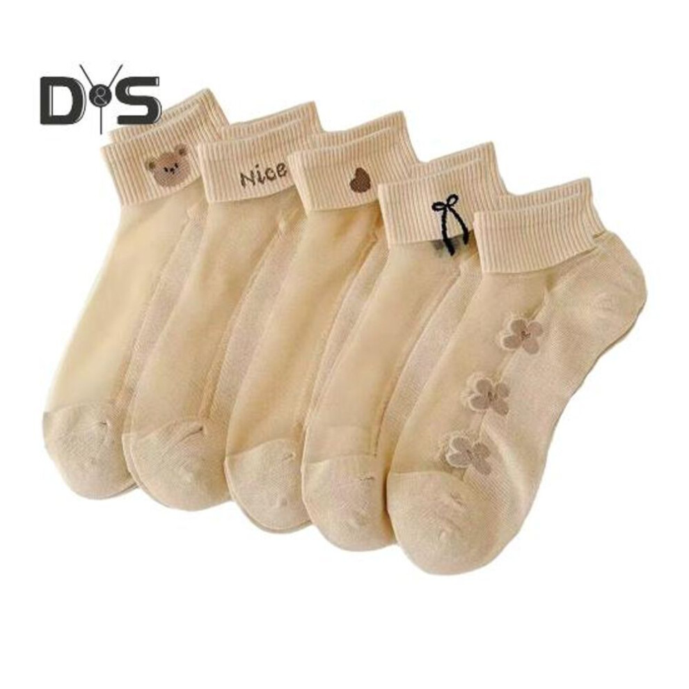 5 Pairs Women's Sheer Mesh Socks Cartoon Pattern Summer Ultra Thin Lace Socks Non-slip Invisible See Through Ankle Socks