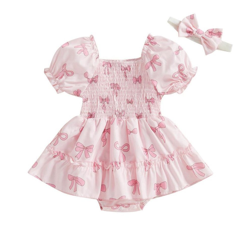 (pink, 6-9 Months) Baby Girl Romper Dress Bow Print Puff Short Sleeve Jumpsuit With Cute Headband Set Summer Clothes 2 Piece Outfits