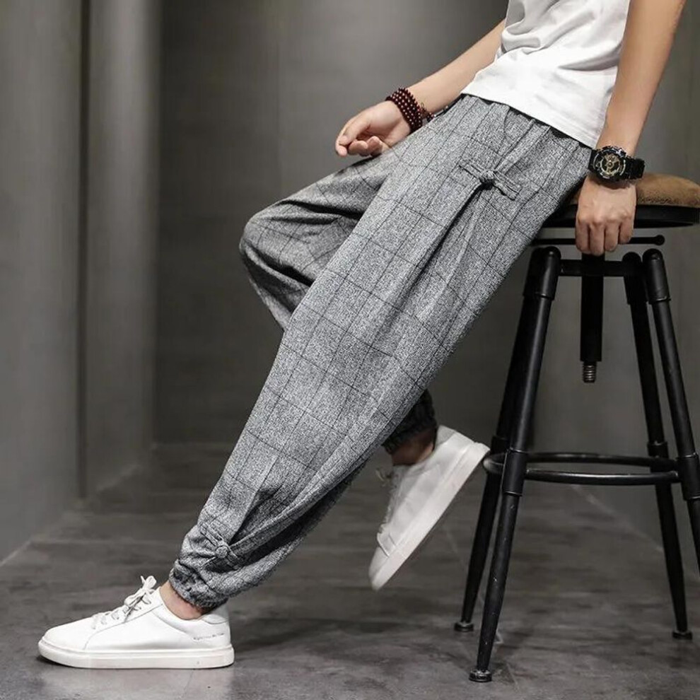 (grey, XXXXXL) Chinese Style Spring And Autumn Cotton And Linen Plaid Casual Pants Men's Drawstring Wide-leg Pants Linen Loose Harem Pants Plus Size Pants
