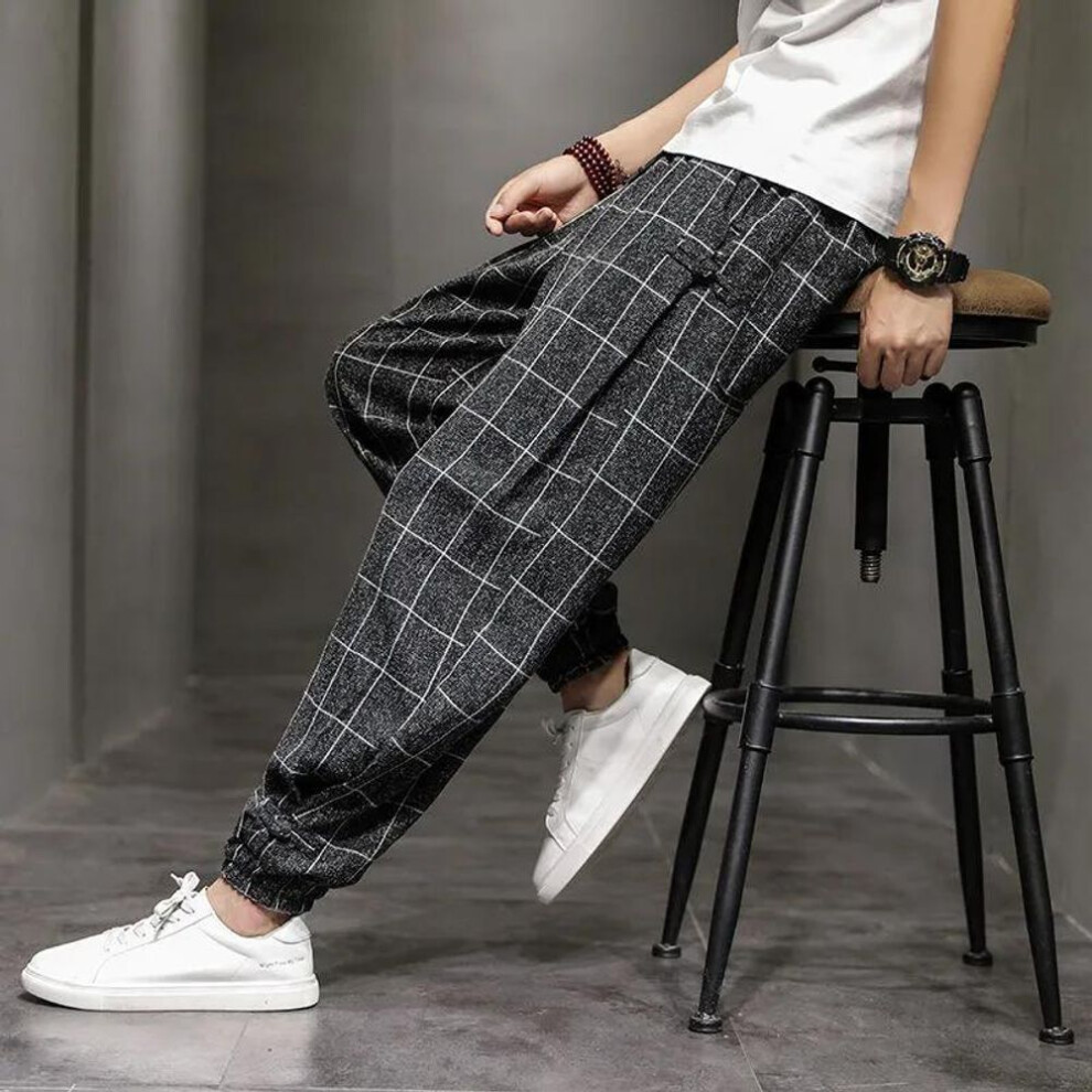 (black, M) Chinese Style Spring And Autumn Cotton And Linen Plaid Casual Pants Men's Drawstring Wide-leg Pants Linen Loose Harem Pants Plus Size Pants
