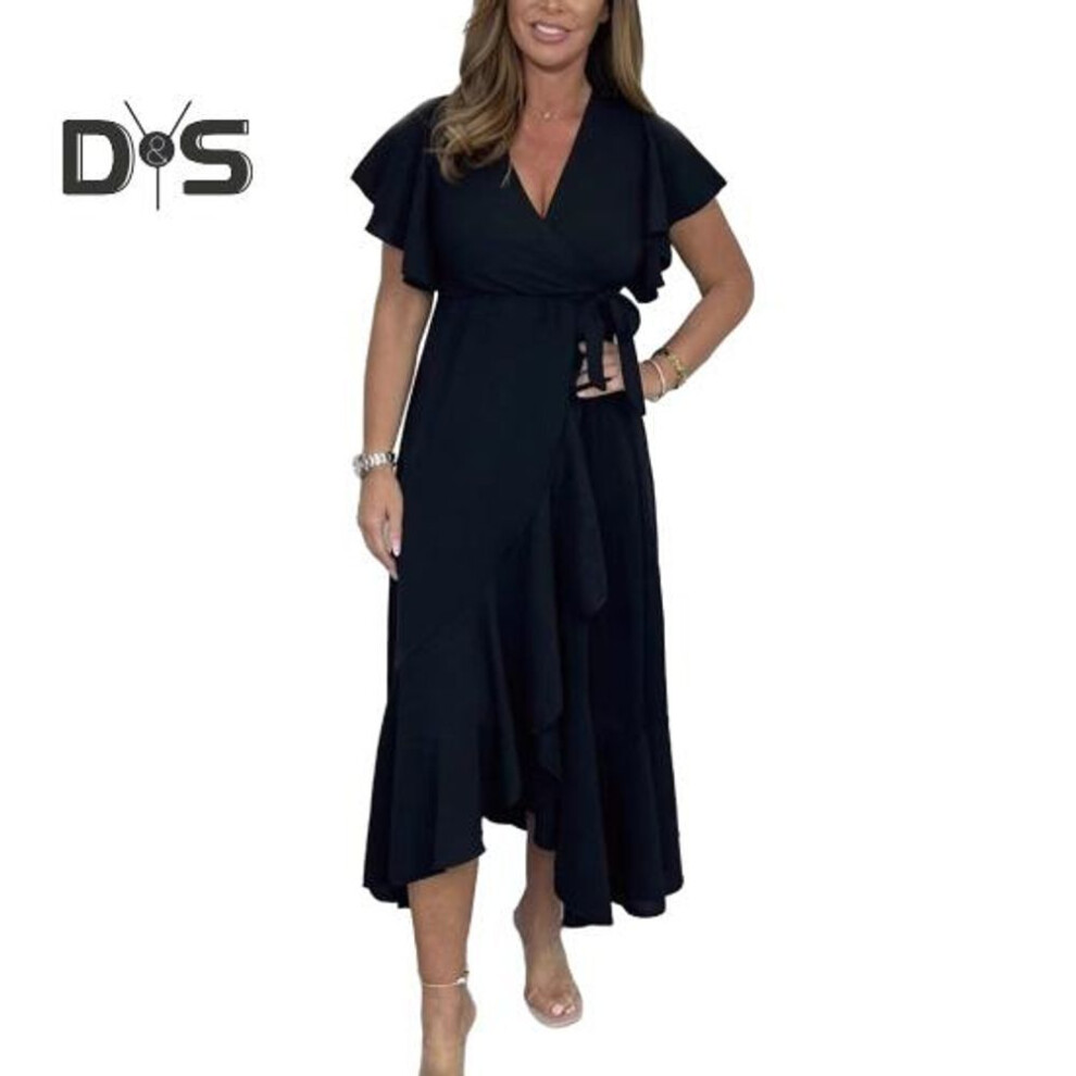 (black, XL) Women's Summer Maxi Dress V-neck Lotus Leaf Short Sleeve Loose Sundress Long Beach Split Dress With Belt