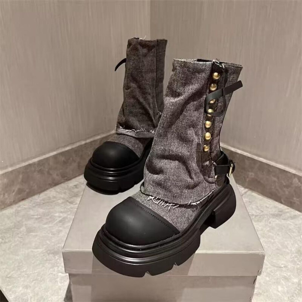 (black, 39) Women's 2024 Autumn/winter Designer Platform Cowboy Boots - Korean Doll Head Style, Short Cigarette Boots