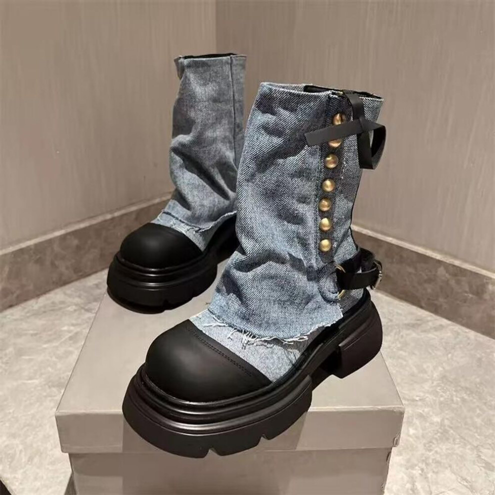 (light blue, 39) Women's 2024 Autumn/winter Designer Platform Cowboy Boots - Korean Doll Head Style, Short Cigarette Boots