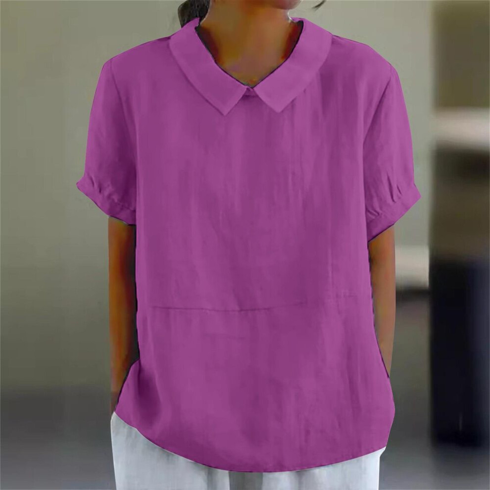 (3XL, purple) Womens Casual Peter Pan Collar Blouse Summer Loose Cotton Blouse Linen Tops Solid Color Short Sleeve Casual Ladies Breathable Shirt