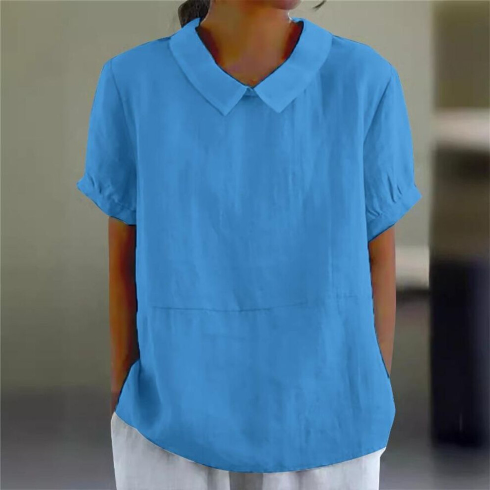 (L, blue) Womens Casual Peter Pan Collar Blouse Summer Loose Cotton Blouse Linen Tops Solid Color Short Sleeve Casual Ladies Breathable Shirt