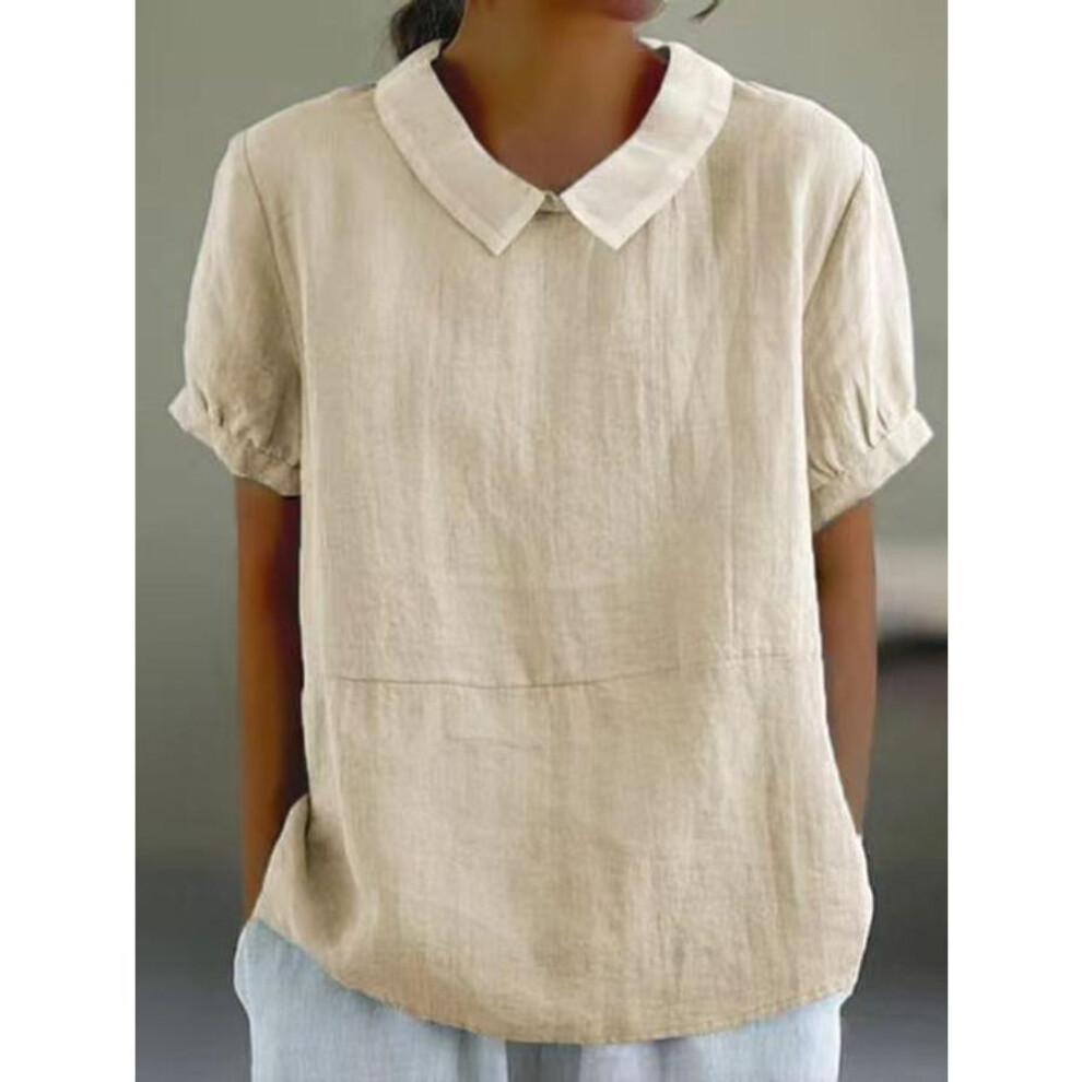 (XL, beige) Womens Casual Peter Pan Collar Blouse Summer Loose Cotton Blouse Linen Tops Solid Color Short Sleeve Casual Ladies Breathable Shirt