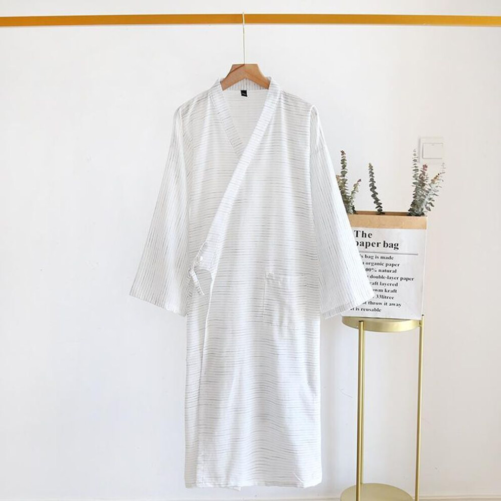 (L, white) Spring And Summer New Style Japanese Kimono Men's Bathrobe 100%cotton Striped Nightgown Plus Size Yukata Home Sweat Steaming Set