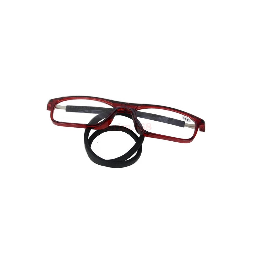 Red (+4.00 Strength, ) Hanging Folding Magnetic Reading Glasses Connect Neck Rope Eyeglasses