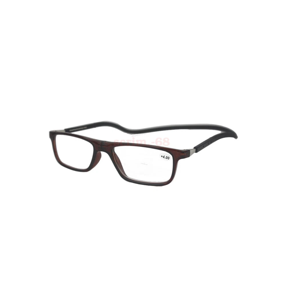 (+4.00 strength, Brown) Hanging Folding Magnetic Reading Glasses Connect Neck Rope Eyeglasses