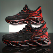 (Black&Red, 7) Comfy Breathable Blade Type Men's Sneakers - Woven Non Slip Lace Up Durable Shoes with Good Shock Absorbing