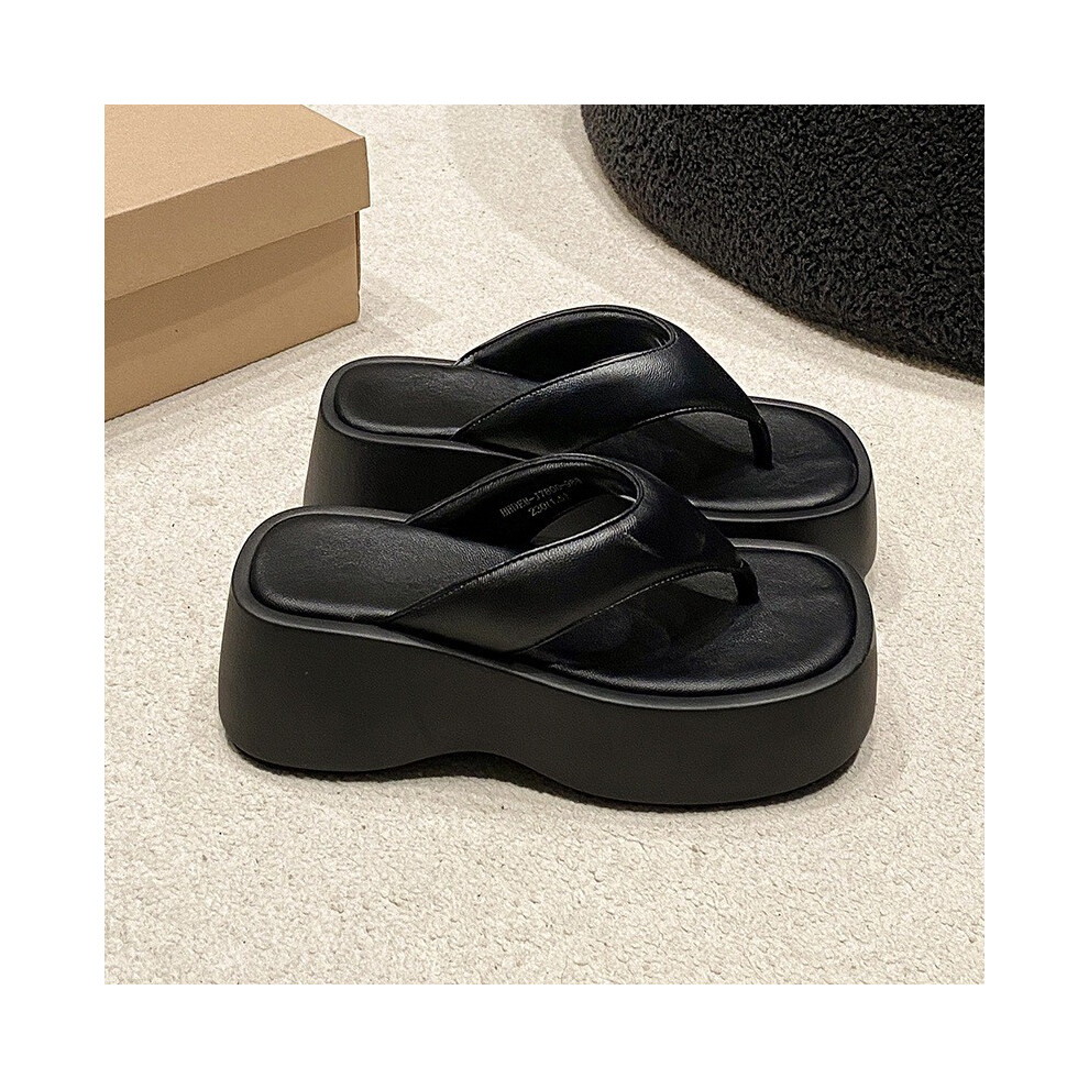 (Black,37)Sandales d'été simples couleur unie semelle épaisse femme tongs pour un port décontracté