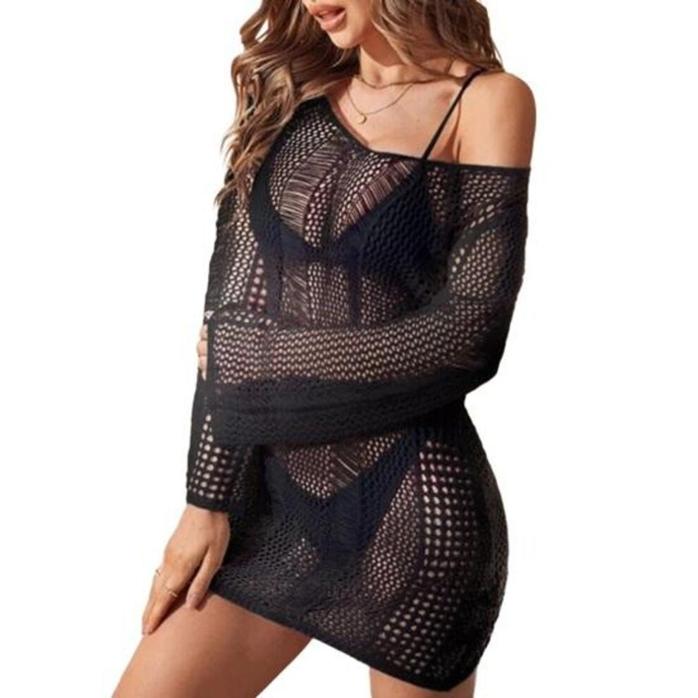 (S, black) Women Swimsuit Crochet Cover-up Long Sleeve Sheer Knit Beach Swimwear Ladies Sexy Hollow