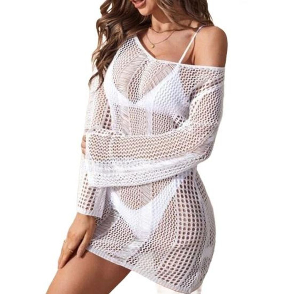 (M, white) Women Swimsuit Crochet Cover-up Long Sleeve Sheer Knit Beach Swimwear Ladies Sexy Hollow