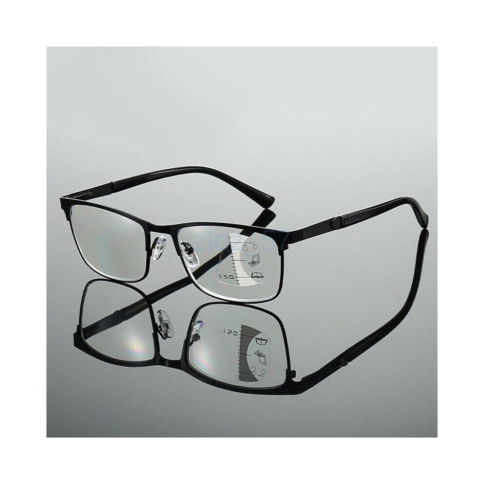 (=+3.00 strength, Black) Mens Metal Progressive Multifocus Reading Glasses Bifocal Presbyopic Readers HOT
