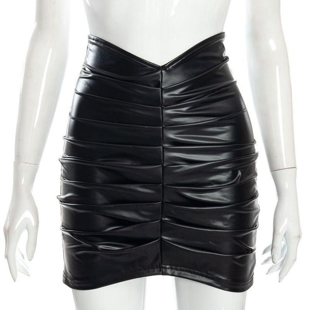 (XL, black) Stylish Bag Hip Skirt Temperament Solid Color Pleated Pu Female Skirt Handsome Slim High Waist A-line Skirt