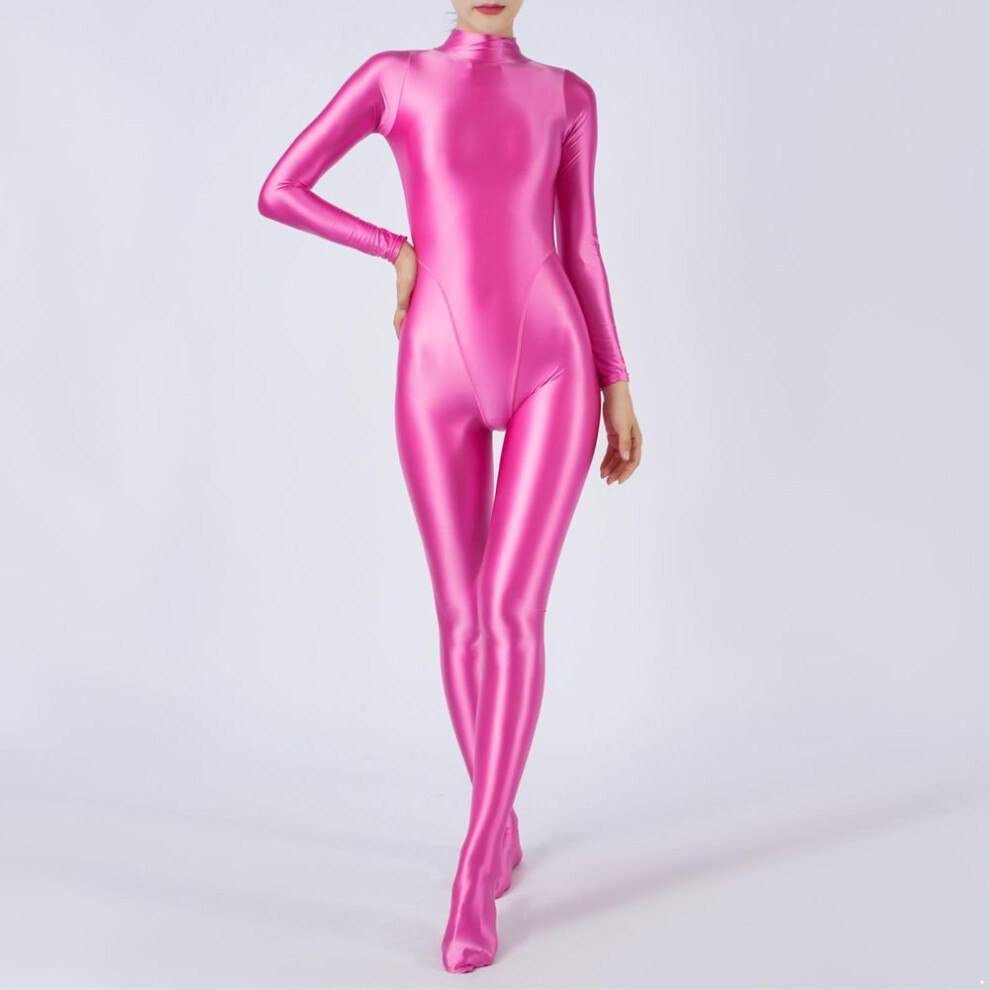 (hot pink, M) Women Club Dance Show Costume Skinny Jumpsuit Full Body Bodysuit Bodystocking Rash Guard For Diving Surfing Yoga Pole Dance