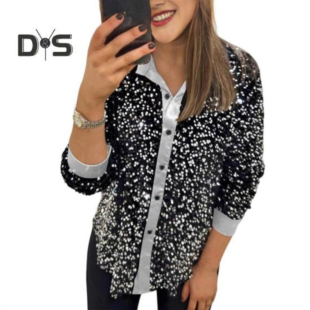 (L, black gray) Women Sparkling Shirt Lapel Long Sleeve Single Breasted Shirt Tops Shiny Sequins Embellished Party Stage Blouse