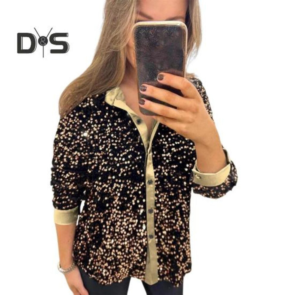 (XL, yellow) Women Sparkling Shirt Lapel Long Sleeve Single Breasted Shirt Tops Shiny Sequins Embellished Party Stage Blouse