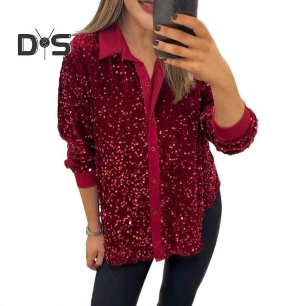(L, red) Women Sparkling Shirt Lapel Long Sleeve Single Breasted Shirt Tops Shiny Sequins Embellished Party Stage Blouse