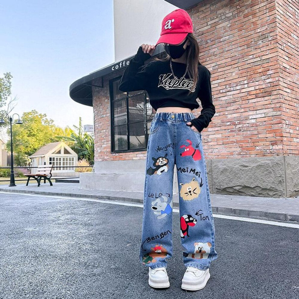 (blue, 170cm) Girls Blue Street Cartoon Print Elastic Mid Waist Loose Denim Jeans Spring Fashion Children Cute Wide Leg Pants