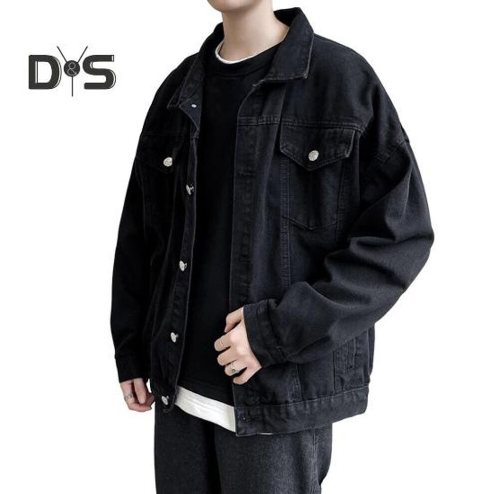 (black, L) Casual Denim Coat Lapel Long Sleeve Flap Pockets Solid Color Loose Fit Jacket Single Breasted Men Outwear