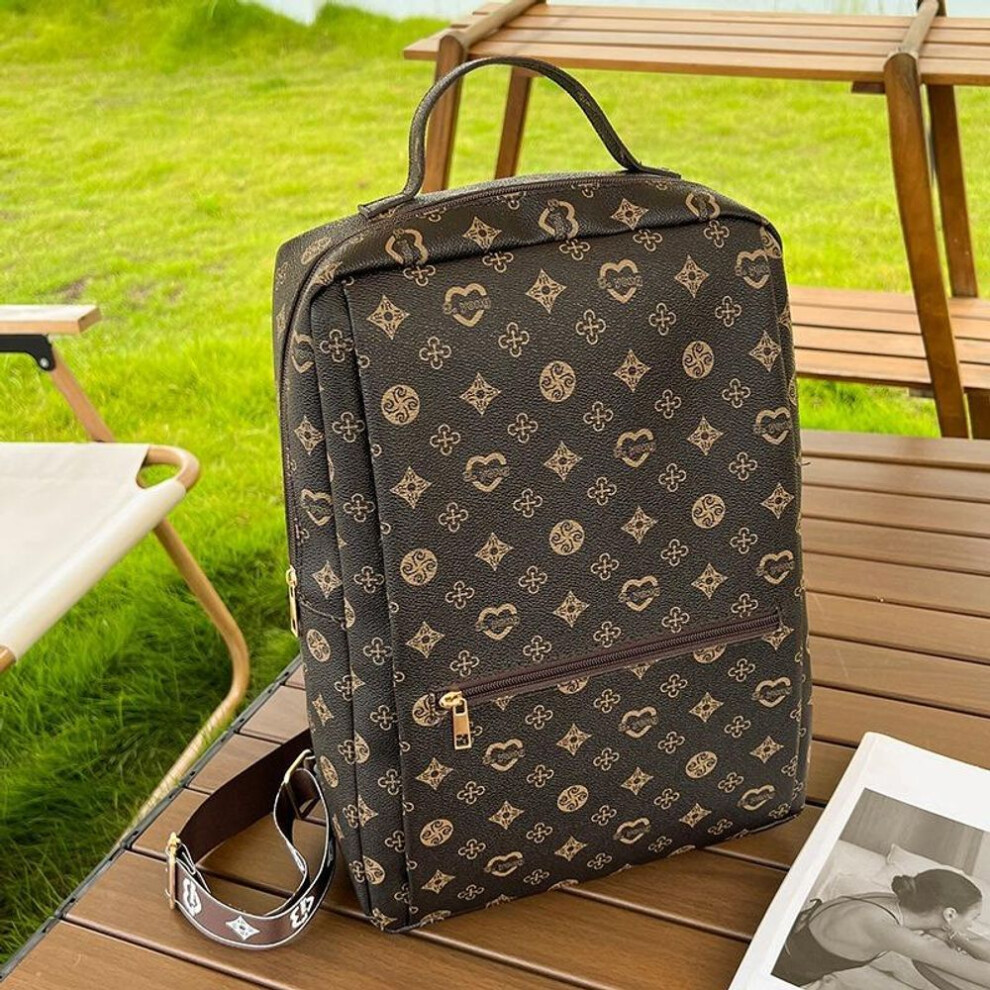 (dark brown) Backpack Large Capacity Niche Printed Bag Schoolbag Girls
