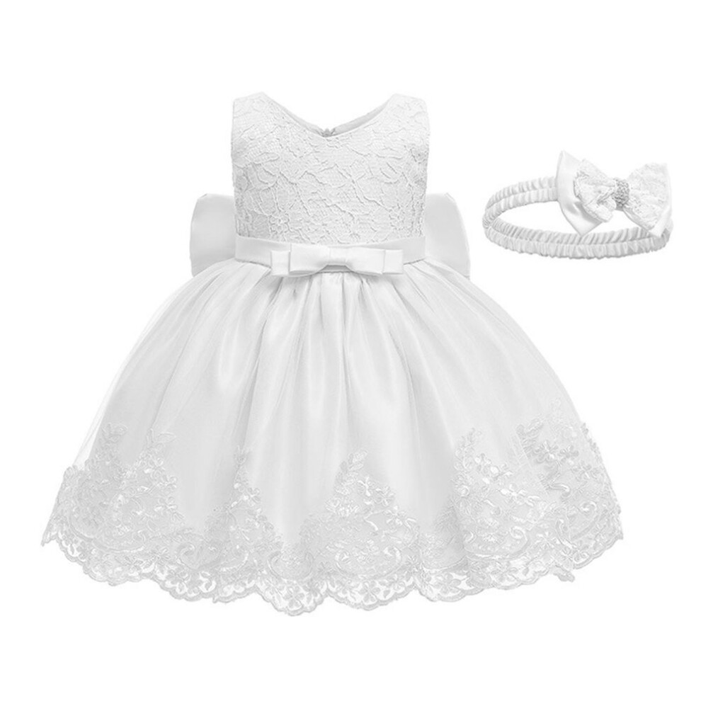 (white, 6M) Summer Children's Princess Dress With Bow Headband Pompadour Dress Lace Sleeveless Dress