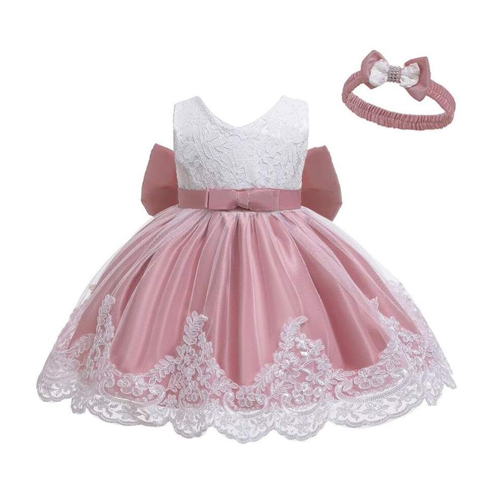 (light pink, 12M) Summer Children's Princess Dress With Bow Headband Pompadour Dress Lace Sleeveless Dress