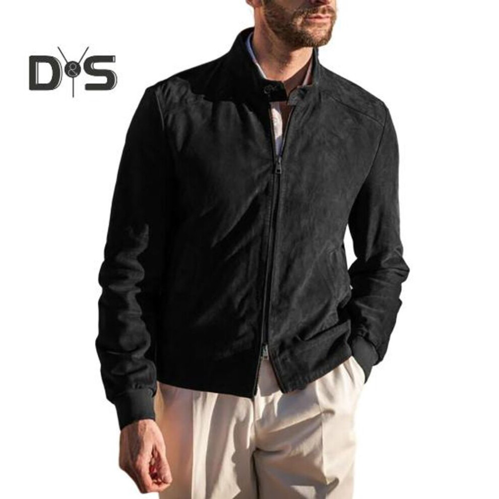 (black, XXL) Men Coat Stand Collar Long Sleeve Solid Color Suede Jacket With Double-ended Zipper Pockets Slim Fit Outerwear