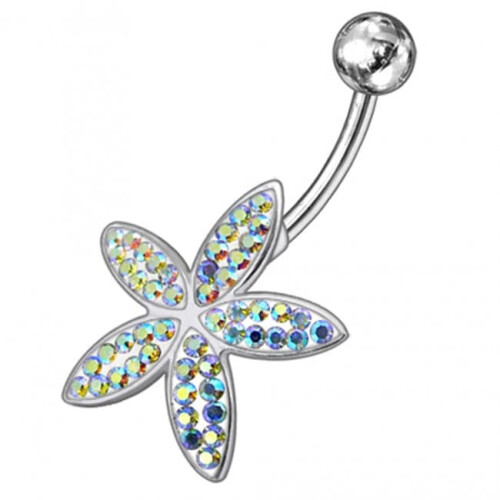 (Lavender, Silver) Jewelled Flower Silver Navel Ring