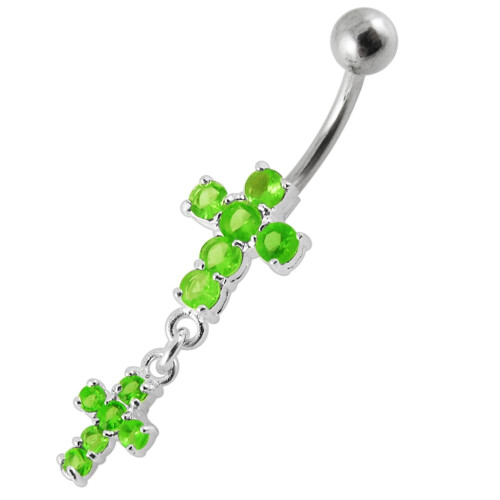 (Peridot, Silver) Moving Jewelled Cross Belly Ring
