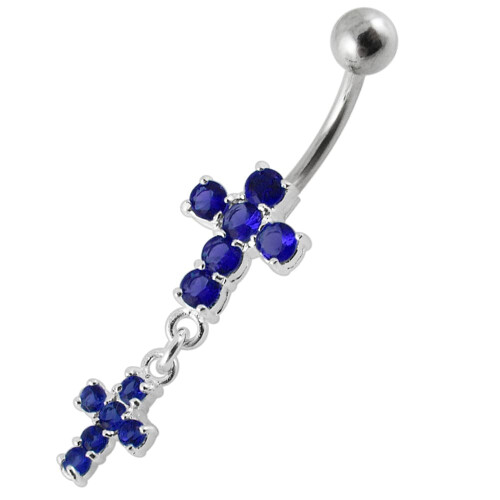 (Peridot, Silver) Moving Jewelled Cross Belly Ring 1