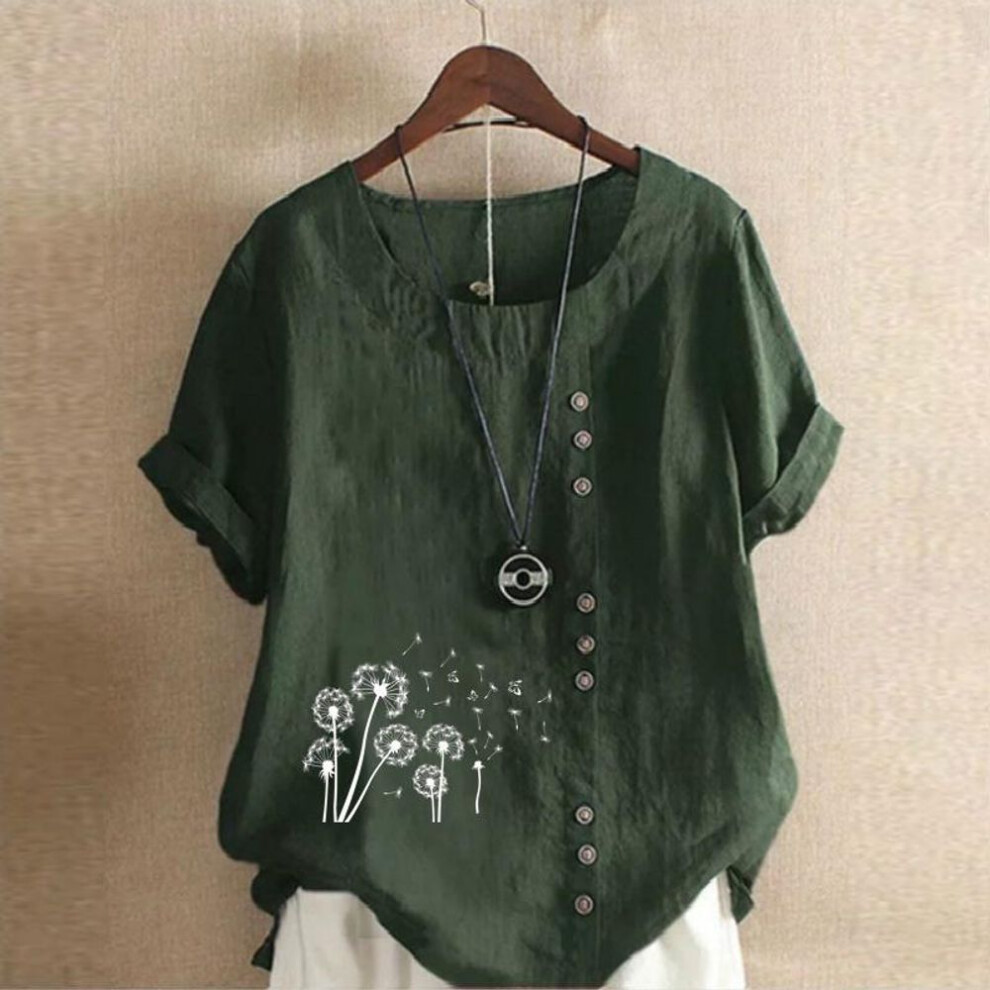 (M, dark green) Women's Fashion White Dandelion Prined Short Sleeve T-shirt Loose Cotton Shirt Casual Loose Summer Plus Size Blouse Tops