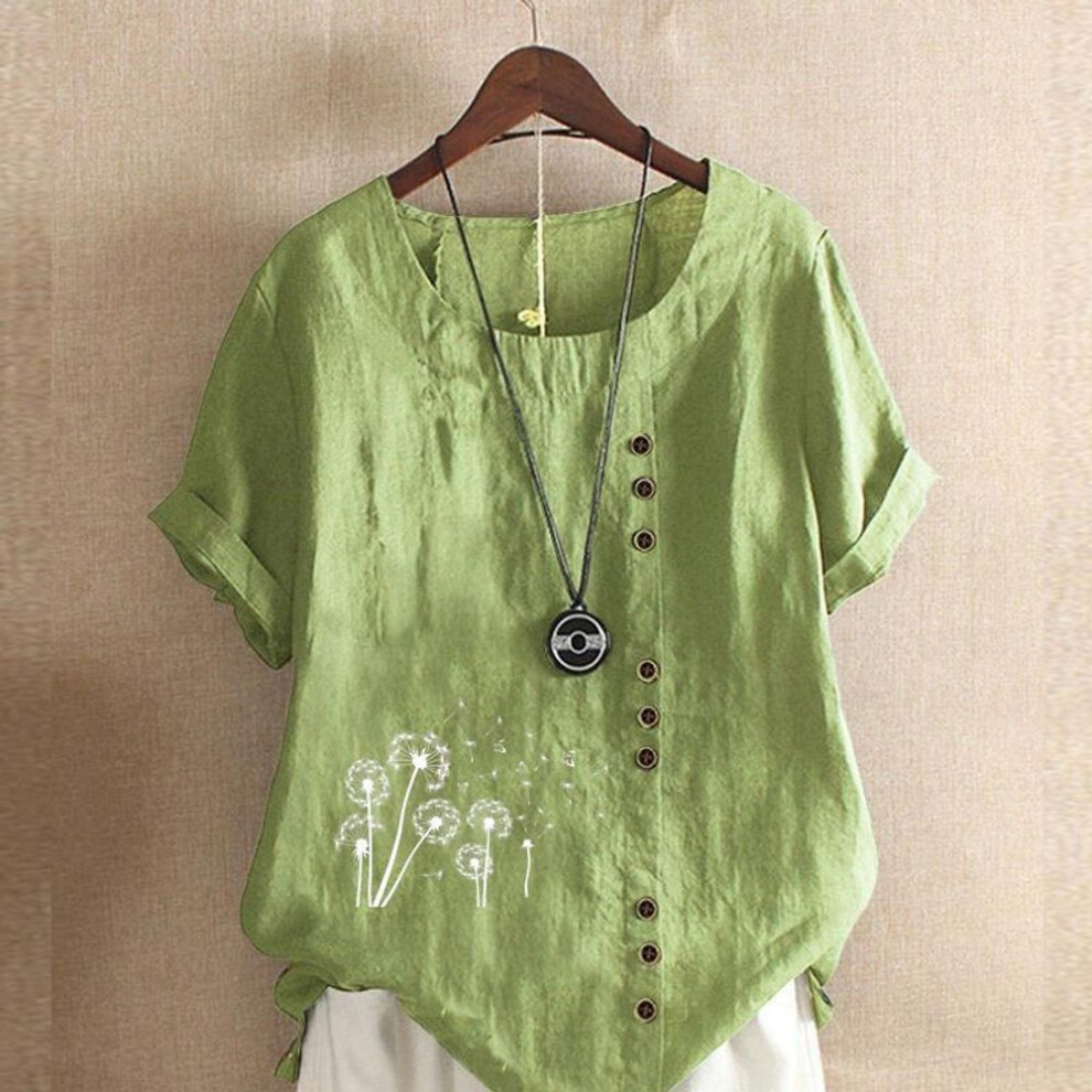 (3XL, green) Women's Fashion White Dandelion Prined Short Sleeve T-shirt Loose Cotton Shirt Casual Loose Summer Plus Size Blouse Tops