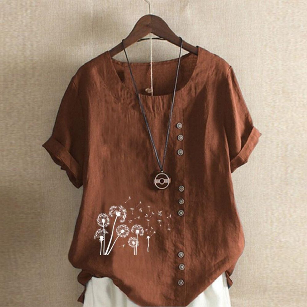 (5XL, brown) Women's Fashion White Dandelion Prined Short Sleeve T-shirt Loose Cotton Shirt Casual Loose Summer Plus Size Blouse Tops