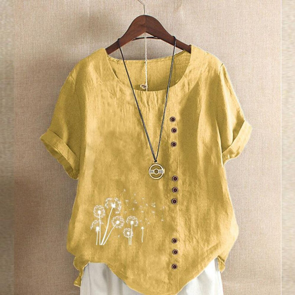 (XXL, yellow) Women's Fashion White Dandelion Prined Short Sleeve T-shirt Loose Cotton Shirt Casual Loose Summer Plus Size Blouse Tops