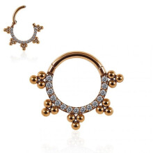 (Rose Gold, 10mm) 316L Surgical Steel Multi Crystals Jewelled with Trinity Tribal Dots Hinged Segment Clicker Ring