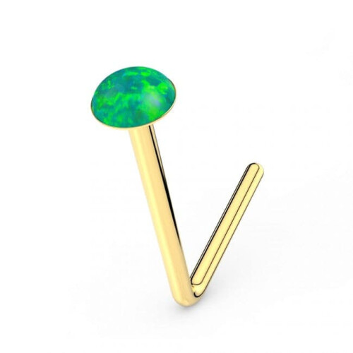 (Green Opal, 1.5mm) 9K Gold L-Shaped Crystal Nose Stud