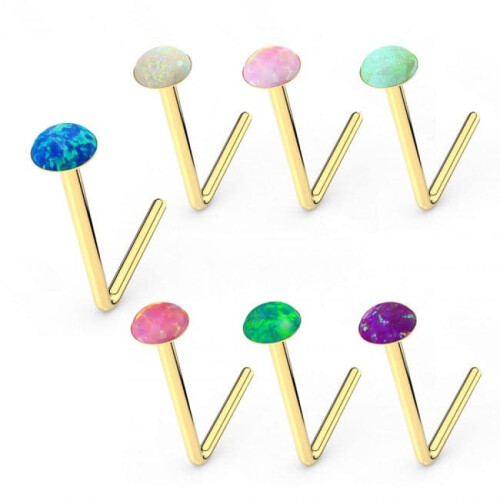(Light Green Opal, 1.5mm) 9K Gold L-Shaped Crystal Nose Stud 2