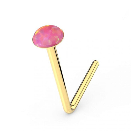 (Fuschia Opal, 1.5mm) 9K Gold L-Shaped Crystal Nose Stud 1