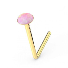 (Pink Opal, 1.5mm) 9K Gold L-Shaped Crystal Nose Stud