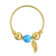 (Dark Blue Opal, White Gold) 9K Yellow Gold Opal Bead and Leaf Charm Nose Hoop Ring