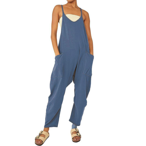 (M, navy blue) 2024 Women's Solid Color Zipper Jumpsuit With Patch Pockets And Adjustable Straps