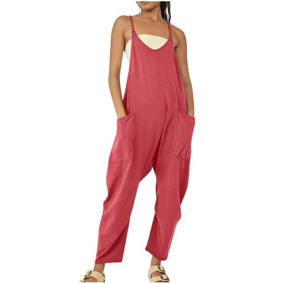 (S, watermelon red) 2024 Women's Solid Color Zipper Jumpsuit With Patch Pockets And Adjustable Straps-image-OPC-PHF7MVP-NEW