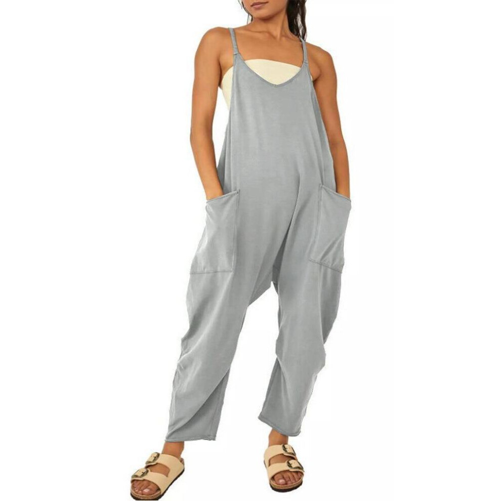 (L, grey) 2024 Women's Solid Color Zipper Jumpsuit With Patch Pockets And Adjustable Straps-image-OPC-PHF7MWH-NEW
