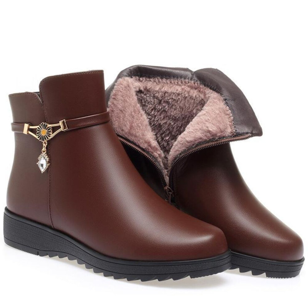 (brown, 37, JM732 plus velvet) Women's Mid-heel Non-slip Leather Boots - Autumn/winter Velvet Lined For Middle-aged & Elderly