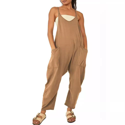 (M, navy blue) 2024 Women's Solid Color Zipper Jumpsuit With Patch Pockets And Adjustable Straps 1